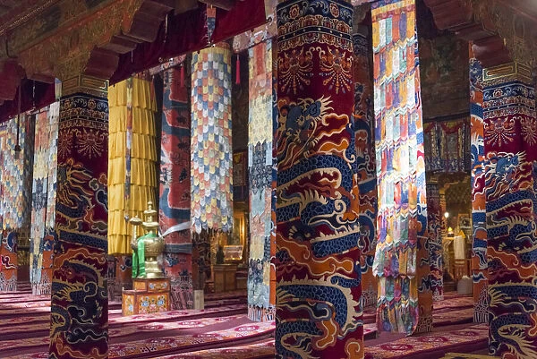 Inside a praying hall in Drepung Monastery, one of the great three Gelug university