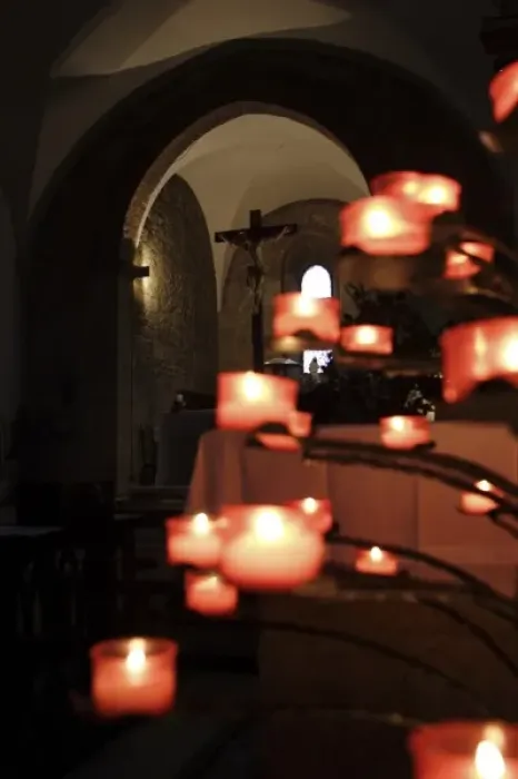 Framed Print : Inside the Romanesque church: tree of candles Framed Print : Inside the Romanesque church: tree of candles