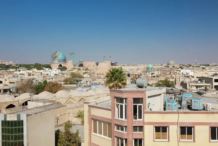 Framed Print : Iran, Central Iran, Esfahan, elevated view of central city towards Royal Mosque