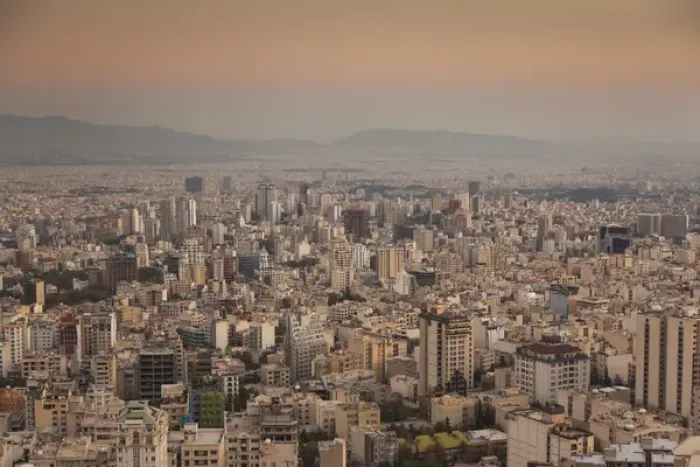 Framed Print : Iran, Tehran, elevated city skyline from the Roof of Iran Park, dusk