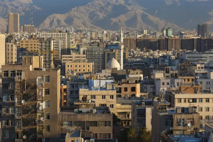 Framed Print : Iran, Tehran, elevated city view with mosque, dawn Framed Print : Iran, Tehran, elevated city view with mosque, dawn
