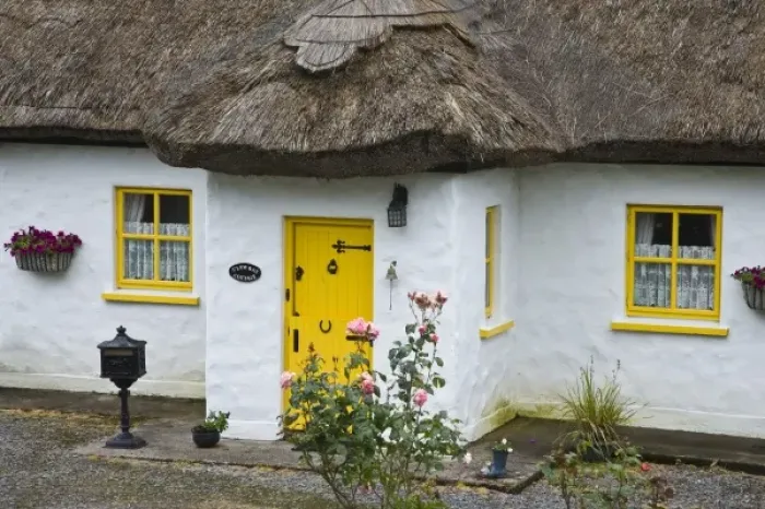 Framed Print : Ireland, Achill Island. Front door and windows of a thatch roof cottage Framed Print : Ireland, Achill Island. Front door and windows of a thatch roof cottage
