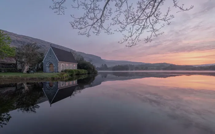 Framed Print : Ireland, Cork, Gougane Barra. Church and mountain reflections in lake Framed Print : Ireland, Cork, Gougane Barra. Church and mountain reflections in lake
