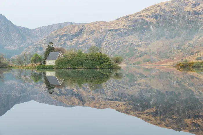Framed Print : Ireland, Cork, Gougane Barra. Church and mountain reflections in lake