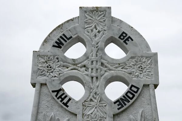 Ireland, County Mayo, Murrisk. Detail of message on Celtic cross