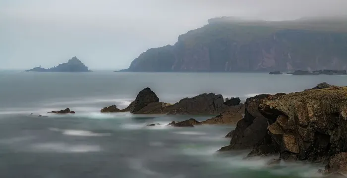 Framed Print : Ireland, Ferriter's Cove. Ocean and cliff in misty landscape Framed Print : Ireland, Ferriter's Cove. Ocean and cliff in misty landscape