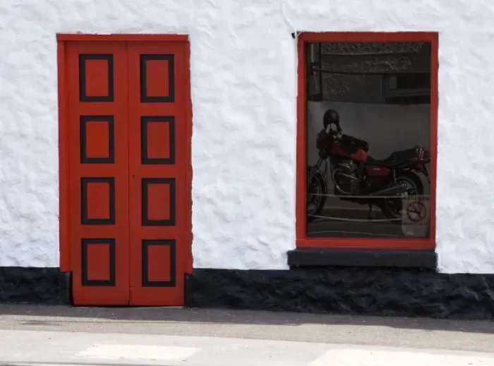 Framed Print : Ireland, Glenties. Reflection of a red motorcycle in a window next to a bright red door Framed Print : Ireland, Glenties. Reflection of a red motorcycle in a window next to a bright red door