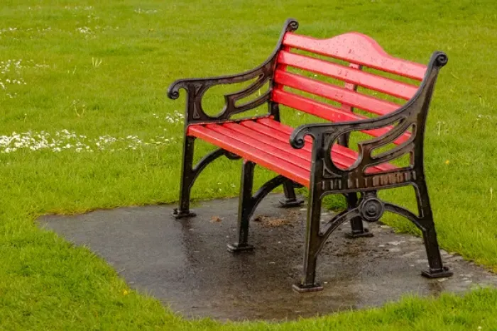 Framed Print : Ireland, red, bench Framed Print : Ireland, red, bench