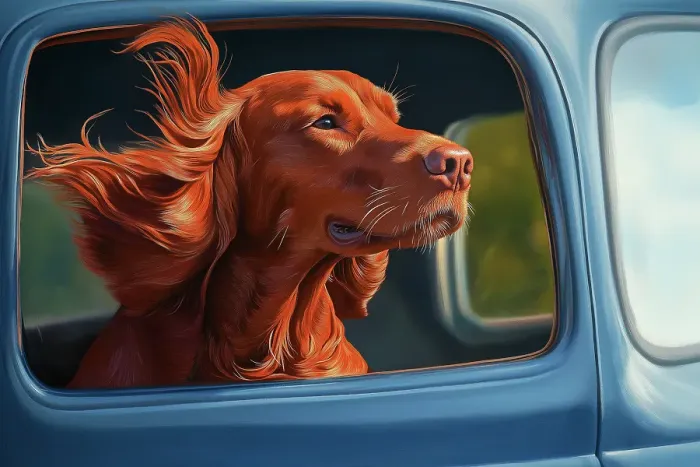 Framed Print : Irish setter dog with head out car window. Illustration style. (AI Generated) Framed Print : Irish setter dog with head out car window. Illustration style. (AI Generated)