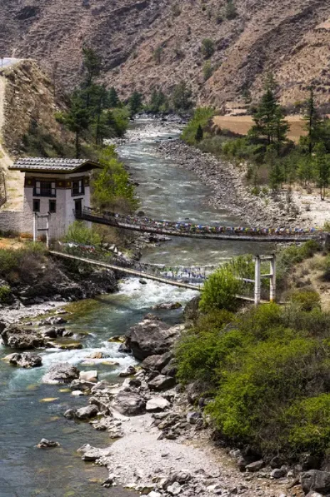 Framed Print : Iron bridge in a valley near Paro, Bhutan Framed Print : Iron bridge in a valley near Paro, Bhutan