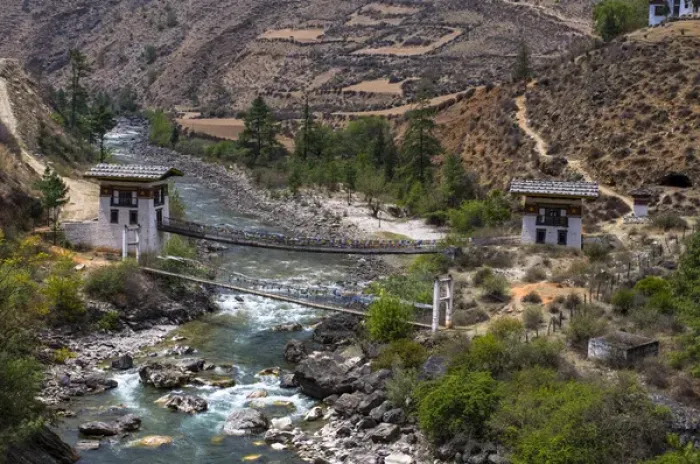 Framed Print : Iron bridge in a valley near Paro, Bhutan