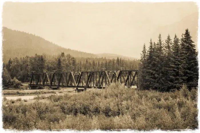 Framed Print : An iron rail crossing bridge in vintage sepia, Alaska Framed Print : An iron rail crossing bridge in vintage sepia, Alaska