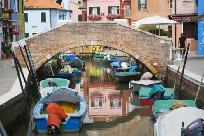 Framed Print : Island of Burano, Burano, Italy. Colorful Burano City homes Reflecting in the Canal