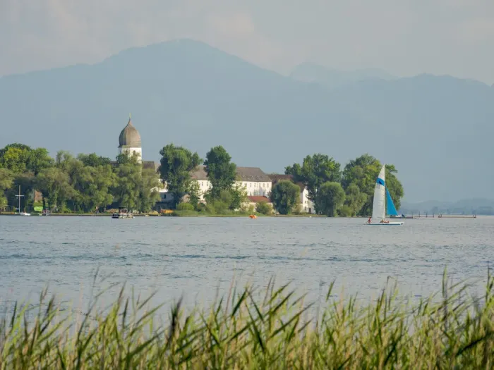 Framed Print : Island Fraueninsel seen from Gstadt. Lake Chiemsee in the Chiemgau