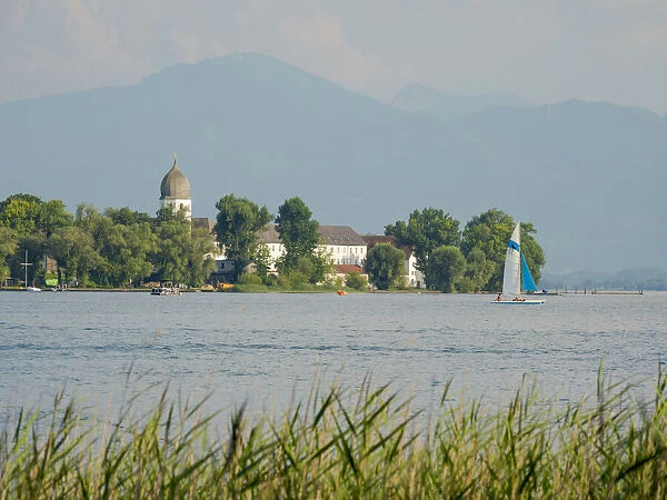 Island Fraueninsel seen from Gstadt. Lake Chiemsee in the Chiemgau