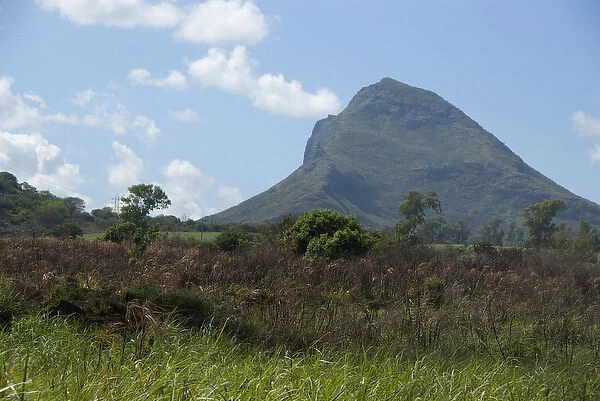 Island of Mauritius. Rugged volcanic countryside with typical sugar cane fields