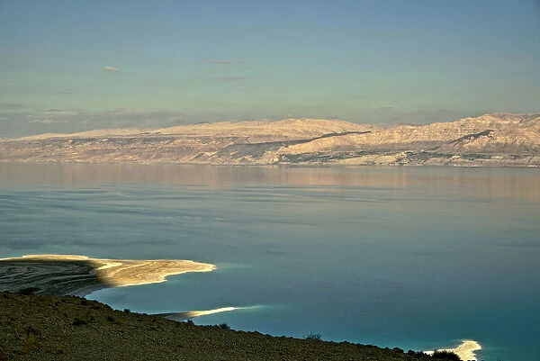 Israel, Dead Sea, along the read on the Israeli side, Jordan across the body of water