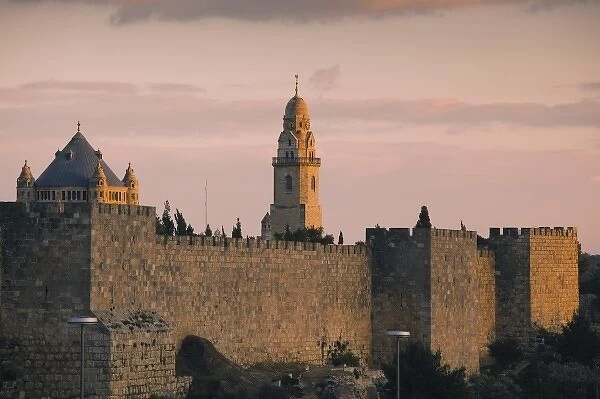 Israel, Jerusalem, Old City, city walls, sunset