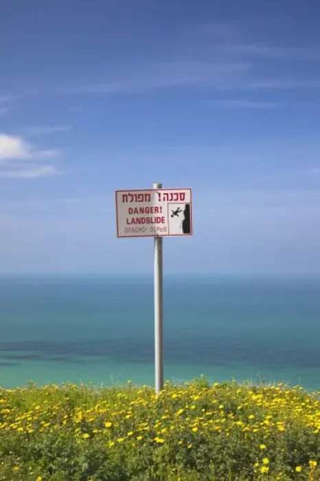 Framed Print : Israel, North Coast, Netanya, landslide warning sign Framed Print : Israel, North Coast, Netanya, landslide warning sign