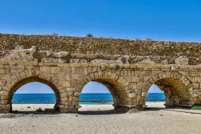 Framed Print : Israel, Plain of Sharon. Caesarea Maritima, Roman aqueduct that brought water from Mount