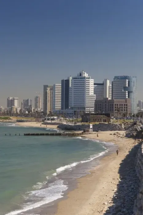 Framed Print : Israel, Tel Aviv, beachfront buildings, morning