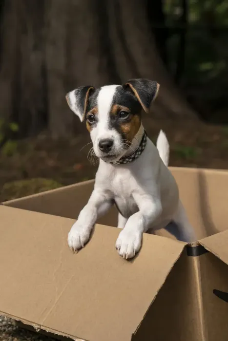 Framed Print : Issaquah, Washington State, USA. Two month old Jack Russell terrier posing in a cardboard box Framed Print : Issaquah, Washington State, USA. Two month old Jack Russell terrier posing in a cardboard box