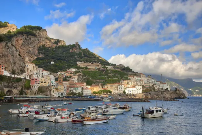 Framed Print : Italy, Amalfi. Boats in the harbor and coastal town of Amalfi Framed Print : Italy, Amalfi. Boats in the harbor and coastal town of Amalfi