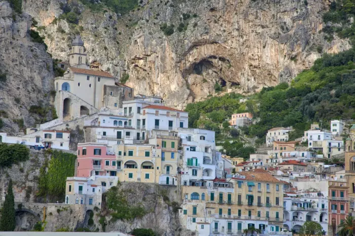Framed Print : Italy, Amalfi. Colorful buildings in the coastal town of Amalfi