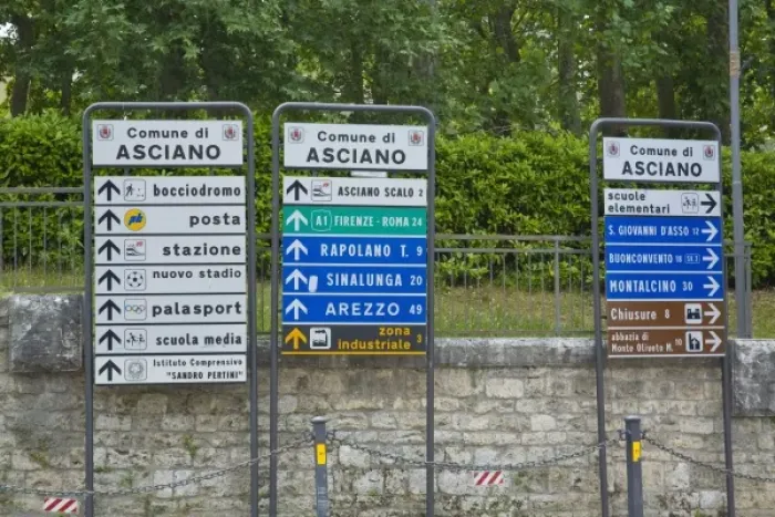 Framed Print : Italy, Asciano, Street Signs of Asciano Italy