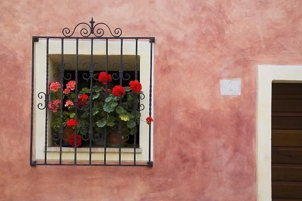 Italy, Asciano, Window Boxes with Fresh Spring Flowers