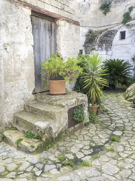 Italy, Basilicata, Matera. Plants adorn the outside walls of the Sassi houses