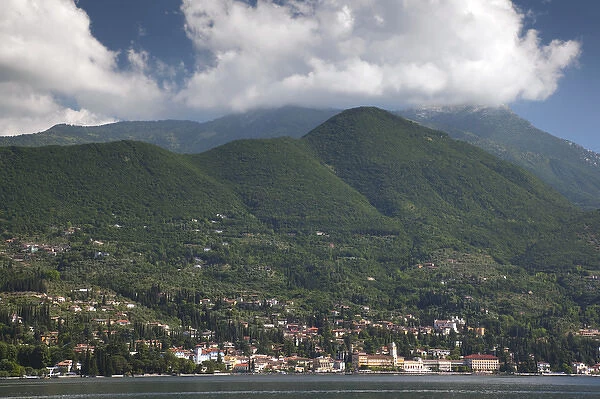 ITALY, Brescia Province, Gardone Riviera. Distant town view with mountains