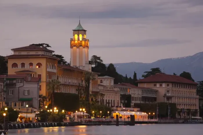 Framed Print : ITALY, Brescia Province, Gardone Riviera. Lakefront town view with Grand Hotel, dusk