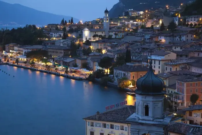 Framed Print : ITALY, Brescia Province, Limone sul Garda. Aerial town view, dusk Framed Print : ITALY, Brescia Province, Limone sul Garda. Aerial town view, dusk