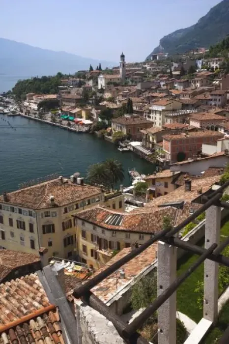 Framed Print : Italy, Brescia Province, Limone sul Garda. Town view from the lemon groves, daytime Framed Print : Italy, Brescia Province, Limone sul Garda. Town view from the lemon groves, daytime