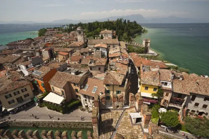 Framed Print : ITALY, Brescia Province, Sirmione. Town view from Castello Scaligero, b. 1250 Framed Print : ITALY, Brescia Province, Sirmione. Town view from Castello Scaligero, b. 1250