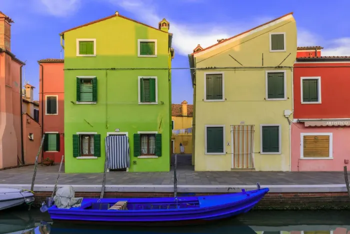 Framed Print : Italy, Burano. Colorful house walls and boat in canal Framed Print : Italy, Burano. Colorful house walls and boat in canal