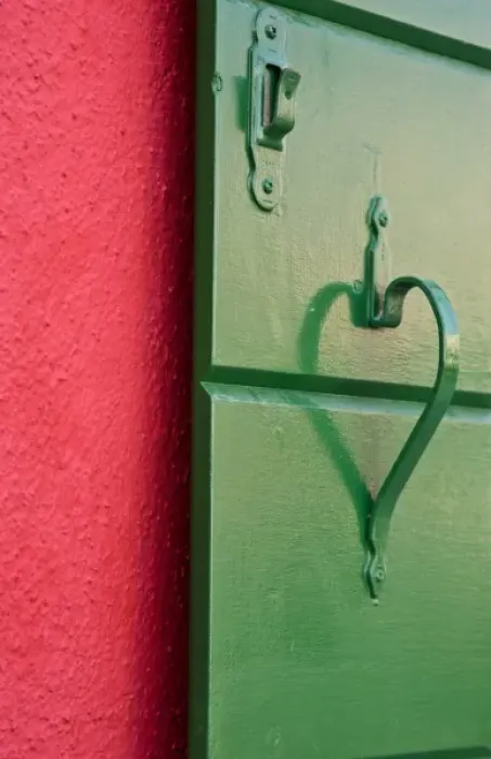 Framed Print : Italy, Burano. Handle on green shutter contrasts with red wall Framed Print : Italy, Burano. Handle on green shutter contrasts with red wall