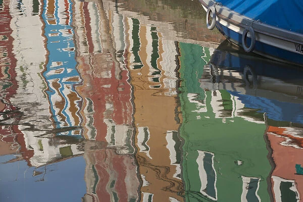 Italy, Burano, reflection of colorful houses in canal