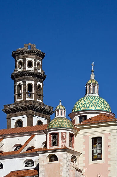 Italy, Campania, Atrani, Amalfi Coast. This is the dome and bell tower of the church of Santa Maria