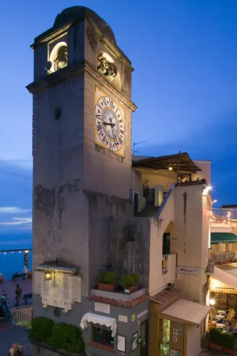 Framed Print : ITALY-Campania-(Bay of Naples)-CAPRI: Clock Tower / Piazza Umberto 1 / Evening Framed Print : ITALY-Campania-(Bay of Naples)-CAPRI: Clock Tower / Piazza Umberto 1 / Evening