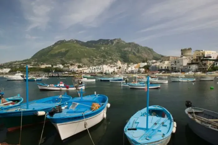 Framed Print : ITALY, Campania, (Bay of Naples), ISCHIA, FORIO: Town View from Fishing Port / Daytime Framed Print : ITALY, Campania, (Bay of Naples), ISCHIA, FORIO: Town View from Fishing Port / Daytime
