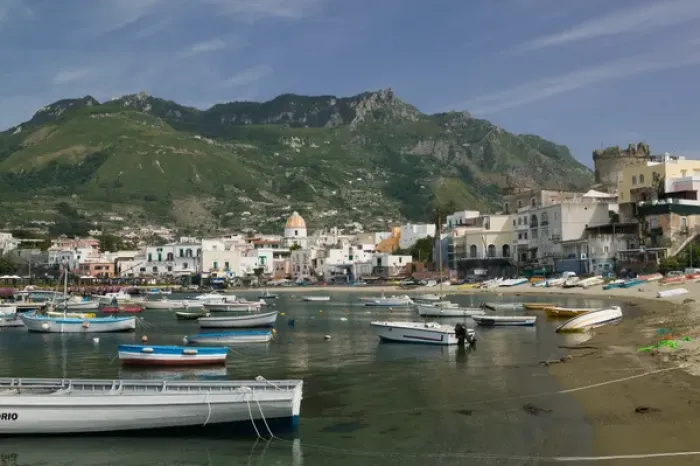 Framed Print : ITALY-Campania-(Bay of Naples)-ISCHIA-FORIO: Town View from Fishing Port  /  Daytime