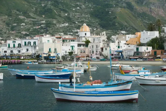 Framed Print : ITALY-Campania-(Bay of Naples)-ISCHIA-FORIO: Town View from Fishing Port / Daytime Framed Print : ITALY-Campania-(Bay of Naples)-ISCHIA-FORIO: Town View from Fishing Port / Daytime