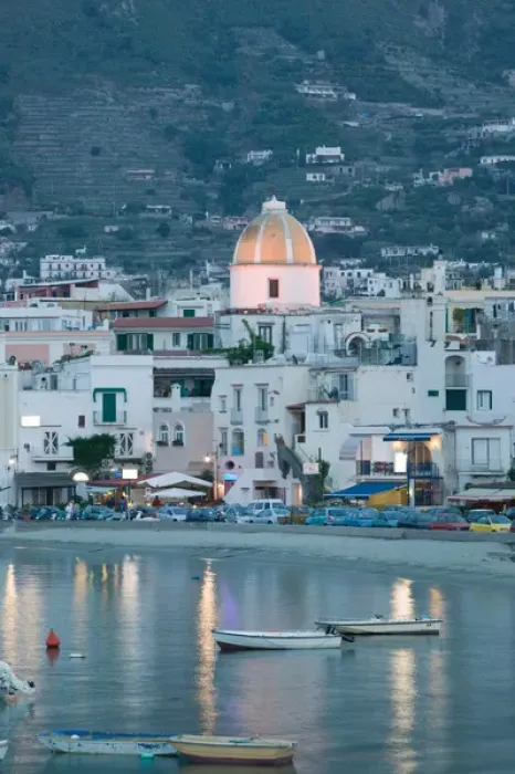 Framed Print : ITALY-Campania-(Bay of Naples)-ISCHIA-FORIO: Town View from Fishing Port  /  Evening