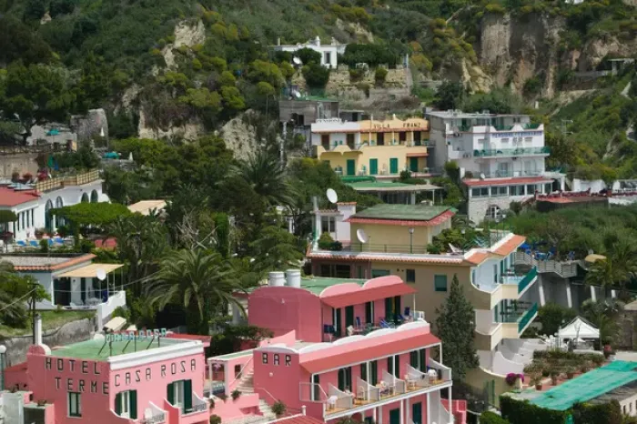 Framed Print : ITALY-Campania-(Bay of Naples)-ISCHIA-SANT ANGELO: Hotels above Spiaggia dei Maronti