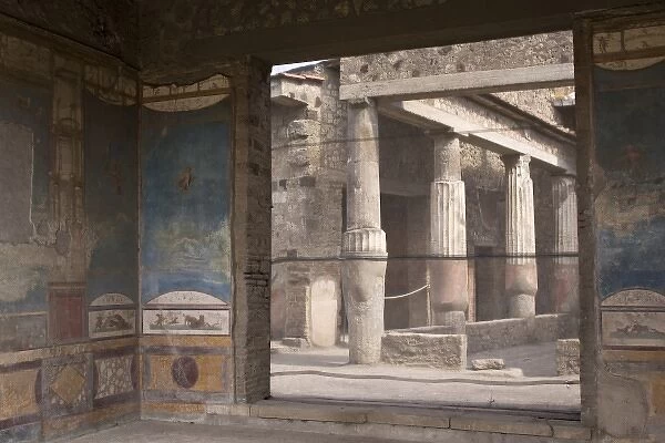 Italy, Campania, Pompeii. Ruins and interior fresco