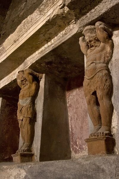 Italy, Campania, Pompeii. View of Telamons or sculpted columns in the tepidarium of the Forum Baths