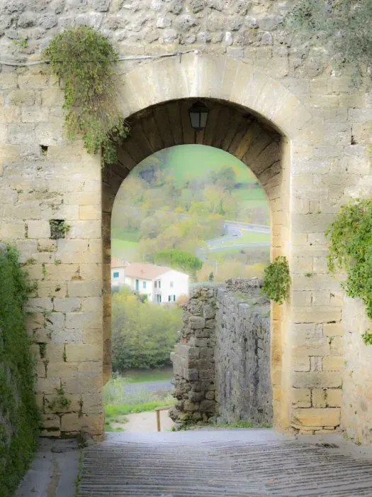 Framed Print : Italy, Chianti, Monteriggioni. Looking out an arched entrance into the walled town Framed Print : Italy, Chianti, Monteriggioni. Looking out an arched entrance into the walled town