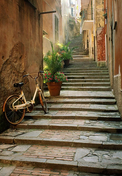 Italy, Cinque Terre, Monterosso. Bicycle and uphill stairway